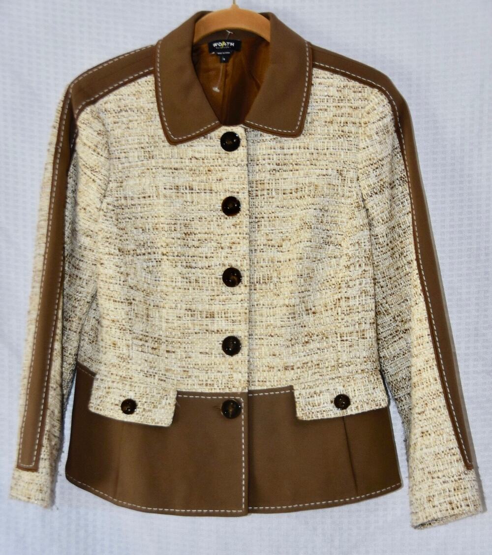WORTH NEW YORK BROWN TAN TWEED & PONTE BUSINESS BLAZER JACKET SIZE 8
